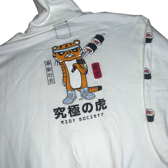 Riot Society Mens Sugee Tiger Sushi Samurai graphic Hoodie White size XL - Picture 4 of 6